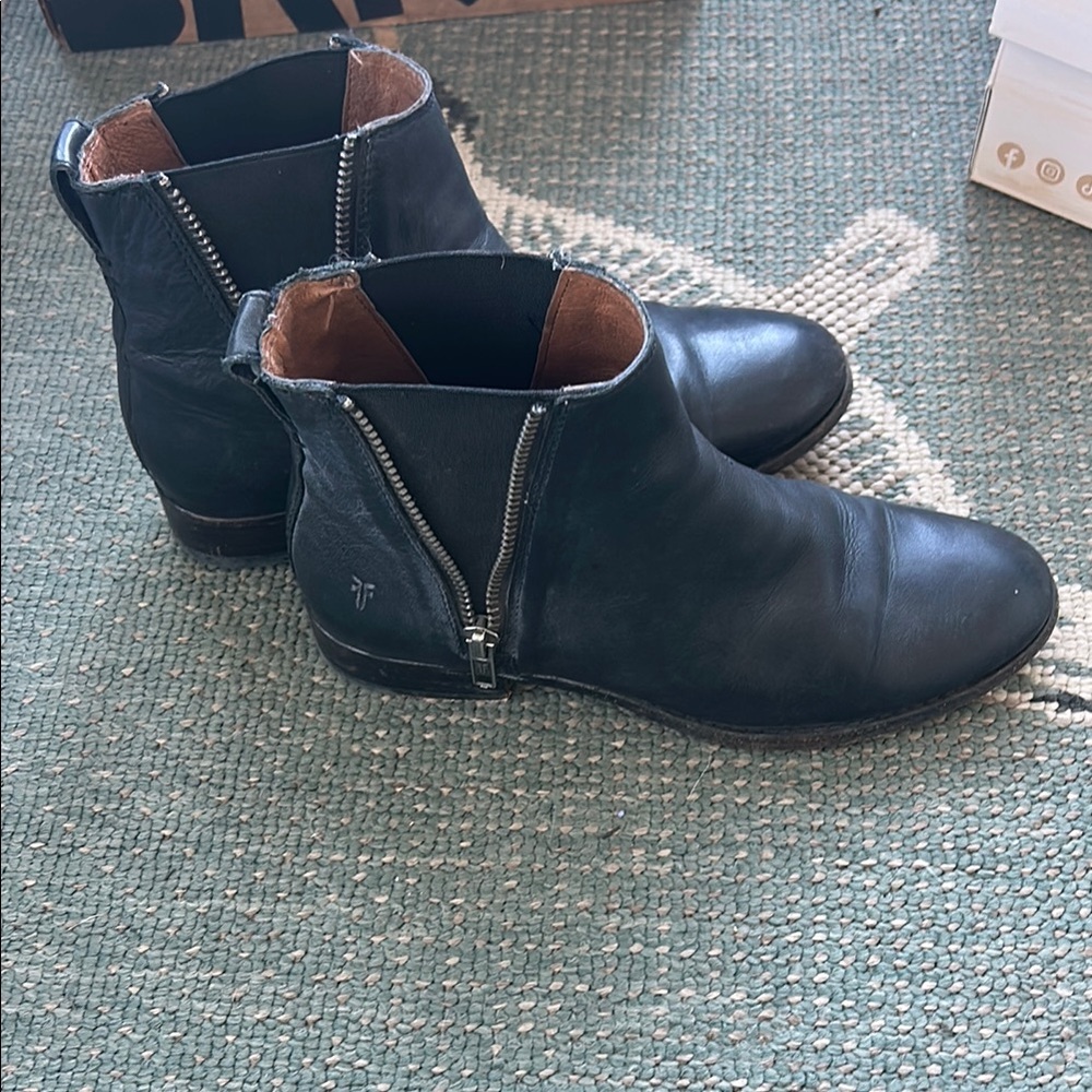 Frye Black Leather Ankle Boots with non functional Zipper. Size 6.